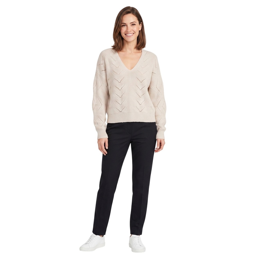 Pink Rose Women Oatmeal Pointelle Knit V-Neck Sweater PF1S24383 Beige Medium‎